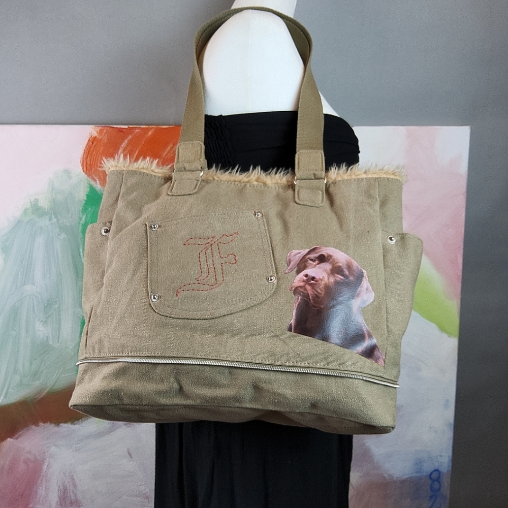 FUZZY NATION Tan Canvas Dog Purse Tote Bag Chocolate Labradore Faux Fur PetCore